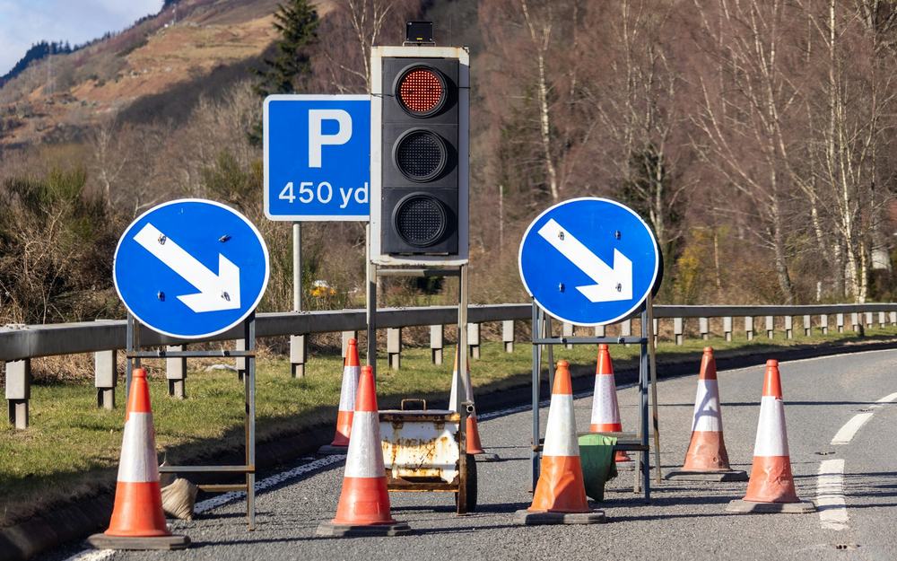 Traffic cones and signage set out for road works